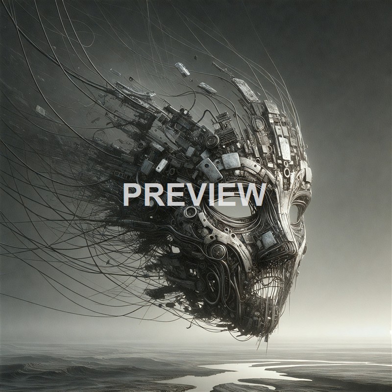 A large, surreal humanoid face made entirely of various mechanical parts and wires, floating above a landscape with a river or water body below.